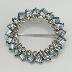 Carl Art Sterling Silver Blue Baguette Clear Round Rhinestone Brooch Pin Signed